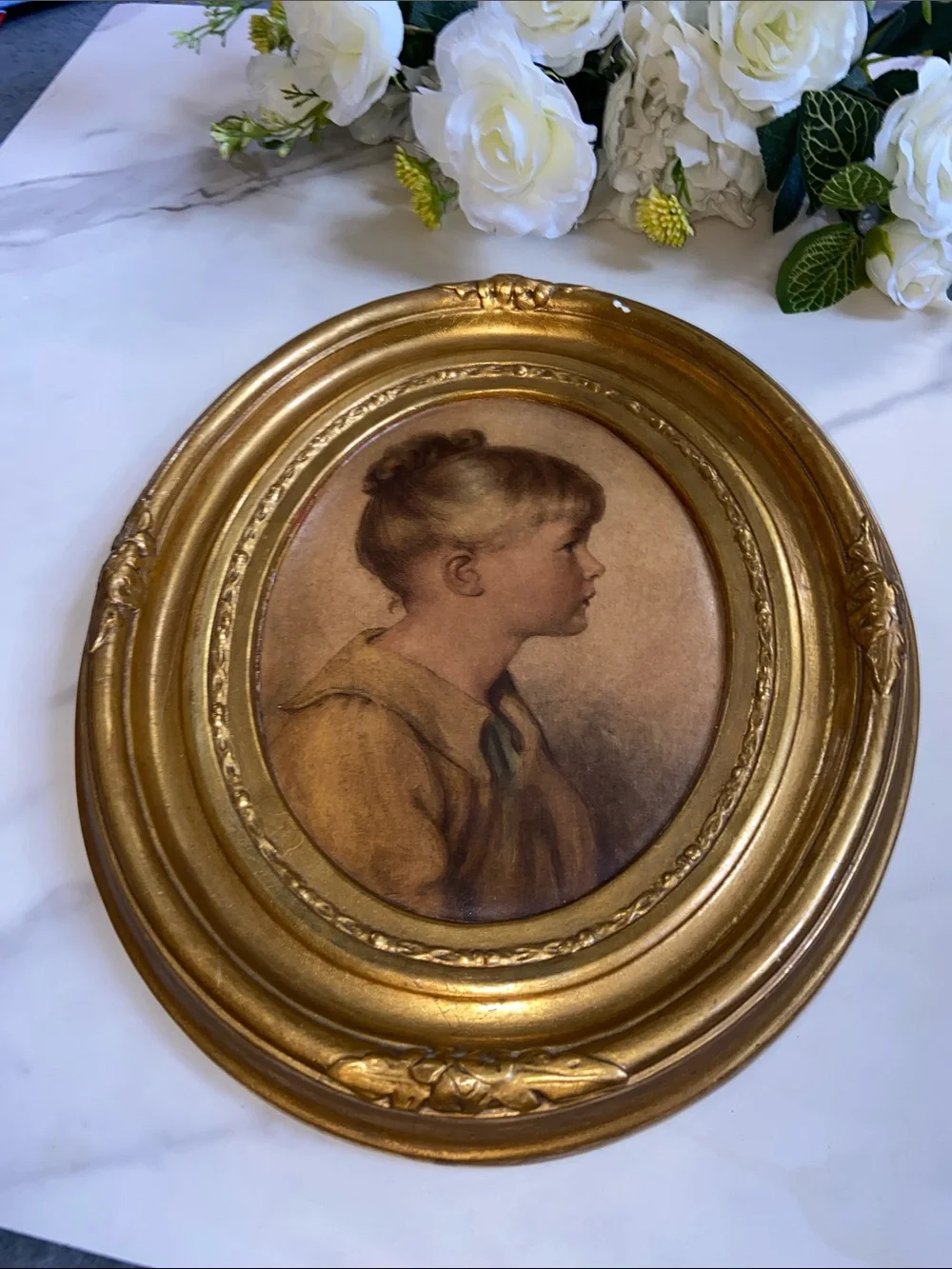 Gold Tone Oval Wall Frame with Vintage Portrait